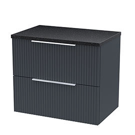  Venice Fluted 600mm Anthracite Vanity Unit - Wall Hung 2 Drawer Unit with black Worktop & Chrome Ha