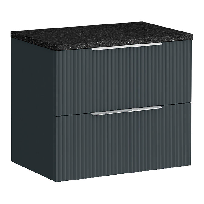 Venice Fluted 600mm Anthracite Vanity Unit - Wall Hung 2 Drawer Unit with Black Worktop & Chrome Handles