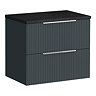 Venice Fluted 600mm Anthracite Vanity Unit - Wall Hung 2 Drawer Unit with Black Worktop & Chrome Handles