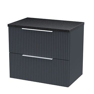 Venice Fluted 600mm Anthracite Vanity Unit - Wall Hung 2 Drawer Unit with black Worktop & Chrome Han