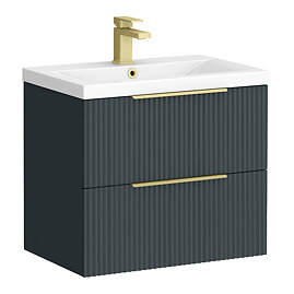 Venice Fluted 600mm Anthracite Vanity Unit - Wall Hung 2 Drawer Unit with Brushed Brass Handles