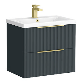 Venice Fluted 600mm Anthracite Vanity Unit - Wall Hung 2 Drawer Unit with Brushed Brass Handles