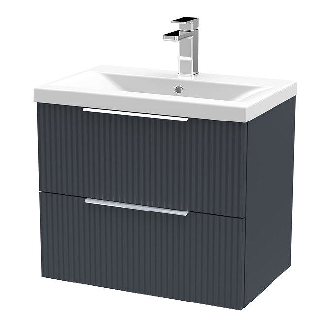 Venice Fluted 600mm Anthracite Vanity Unit - Wall Hung 2 Drawer Unit with Chrome Handles Large Image