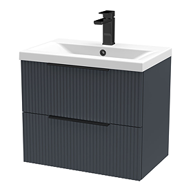 Venice Fluted 600mm Anthracite Vanity Unit - Wall Hung 2 Drawer Unit with Matt Black Handles