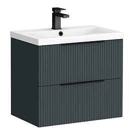 Venice Fluted 600mm Anthracite Vanity Unit - Wall Hung 2 Drawer Unit with Matt Black Handles