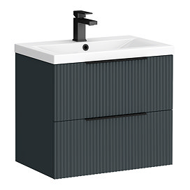 Venice Fluted 600mm Anthracite Vanity Unit - Wall Hung 2 Drawer Unit with Matt Black Handles
