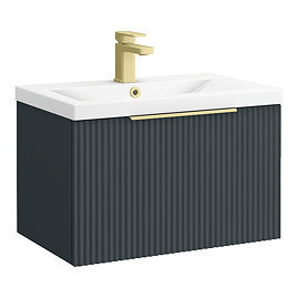 Venice Fluted 600mm Satin Anthracite Single Drawer Wall-Hung Vanity Unit with Brushed Brass Handle