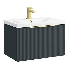 Venice Fluted 600mm Satin Anthracite Single Drawer Wall-Hung Vanity Unit with Brushed Brass Handle