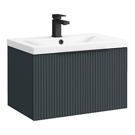 Venice Fluted 600mm Anthracite Vanity Unit - Wall Hung Single Drawer Unit with Matt Black Handle