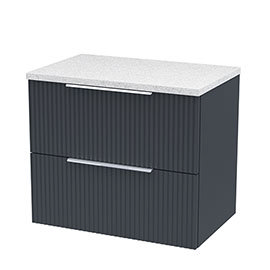  Venice Fluted 600mm Black Vanity Unit - Wall Hung 2 Drawer Unit with White Worktop & Chrome Handles