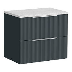 Venice Fluted 600mm Satin Anthracite Vanity Unit – Wall-Hung 2-Drawer Unit with Sparkling White Quartz Effect Worktop & Chrome Handles