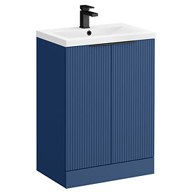 Venice Fluted 600mm Blue Vanity Unit - Floor Standing 2 Door Unit with Matt Black Handles