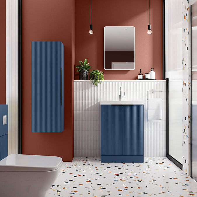 Venice Fluted 600mm Blue Vanity Unit - Floor Standing 2 Door Unit with Chrome Handles  In Bathroom Large Image