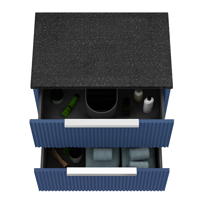 Venice Fluted 600mm Blue Vanity Unit - Wall Hung 2 Drawer Unit with Black Worktop & Chrome Handles