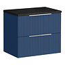 Venice Fluted 600mm Blue Vanity Unit - Wall Hung 2 Drawer Unit with Black Worktop & Chrome Handles