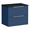 Venice Fluted 600mm Blue Vanity Unit - Wall Hung 2 Drawer Unit with Black Worktop & Chrome Handles