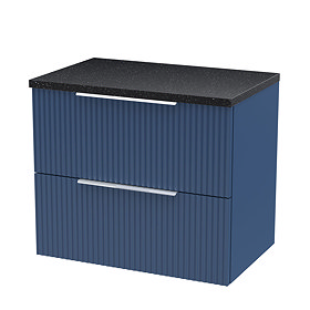 Venice Fluted 600mm Blue Vanity Unit - Wall Hung 2 Drawer Unit with Black Worktop & Chrome Handles  