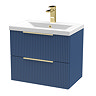 Venice Fluted 600mm Blue Vanity Unit - Wall Hung 2 Drawer Unit with Brushed Brass Handles
