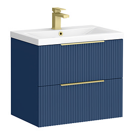 Venice Fluted 600mm Blue Vanity Unit - Wall Hung 2 Drawer Unit with Brushed Brass Handles