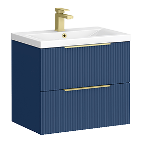 Venice Fluted 600mm Blue Vanity Unit - Wall Hung 2 Drawer Unit with Brushed Brass Handles