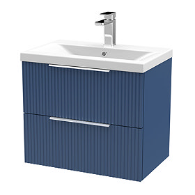 Venice Fluted 600mm Blue Vanity Unit - Wall Hung 2 Drawer Unit with Chrome Handle Large Image