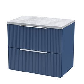 Venice Fluted 600mm Blue Vanity Unit - Wall Hung 2 Drawer Unit with Grey Worktop & Chrome Handles Me