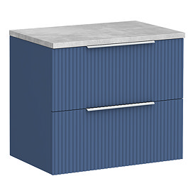 Venice Fluted 600mm Blue Vanity Unit - Wall Hung 2 Drawer Unit with Grey Worktop & Chrome Handles