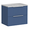 Venice Fluted 600mm Blue Vanity Unit - Wall Hung 2 Drawer Unit with Grey Worktop & Chrome Handles