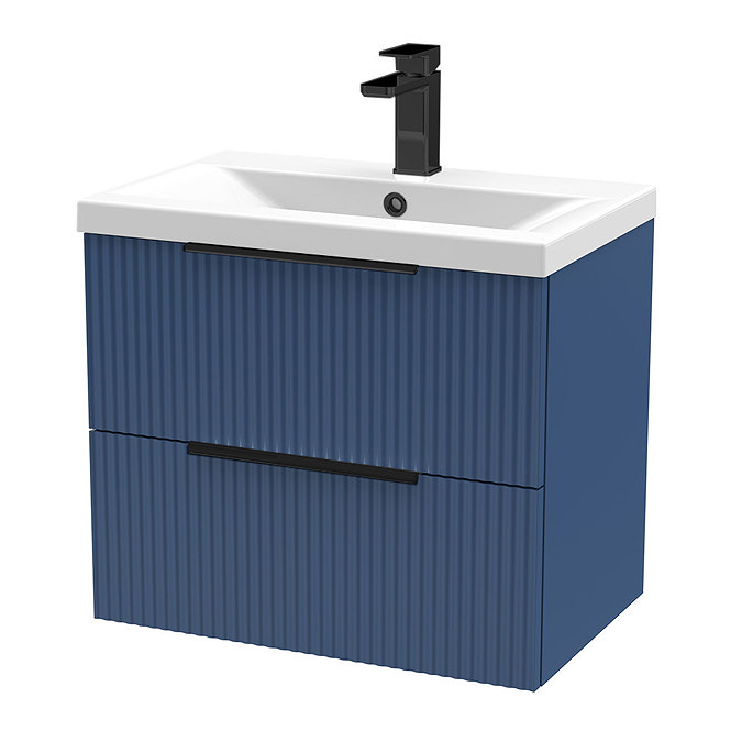 Venice Fluted 600mm Blue Vanity Unit - Wall Hung 2 Drawer Unit with Matt Black Handles