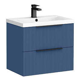 Venice Fluted 600mm Blue Vanity Unit - Wall Hung 2 Drawer Unit with Matt Black Handles