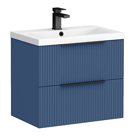Venice Fluted 600mm Blue Vanity Unit - Wall Hung 2 Drawer Unit with Matt Black Handles