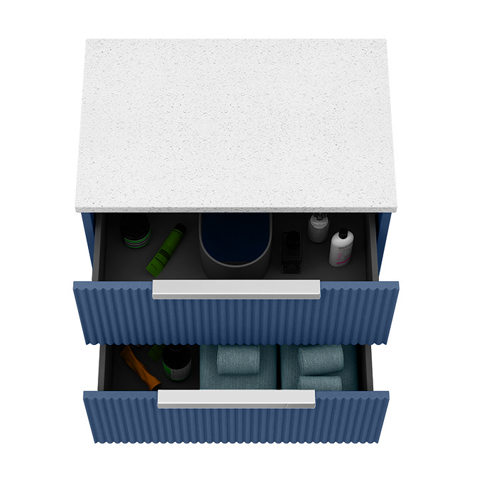 Venice Fluted 600mm Blue Vanity Unit - Wall Hung 2 Drawer Unit with White Worktop & Chrome Handles