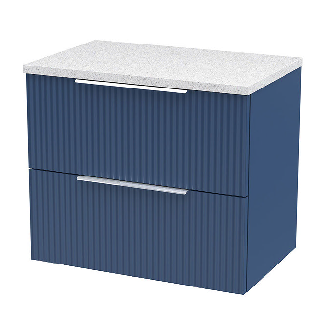 Venice Fluted 600mm Blue Vanity Unit - Wall Hung 2 Drawer Unit with White Worktop & Chrome Handles
