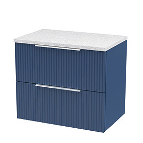 Venice fluted 600mm Blue Vanity Unit - Wall Hung 2 Drawer Unit with White Worktop & Chrome Handles L