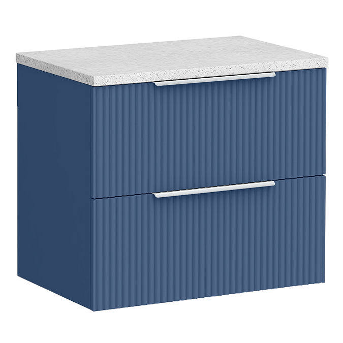 Venice Fluted 600mm Blue Vanity Unit - Wall Hung 2 Drawer Unit with White Worktop & Chrome Handles