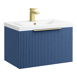 Venice Fluted 600mm Blue Vanity Unit - Wall Hung Single Drawer Unit with Brushed Brass Handle