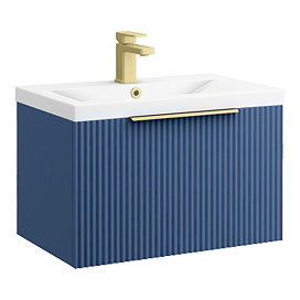 Venice Fluted 600mm Blue Vanity Unit - Wall Hung Single Drawer Unit with Brushed Brass Handle