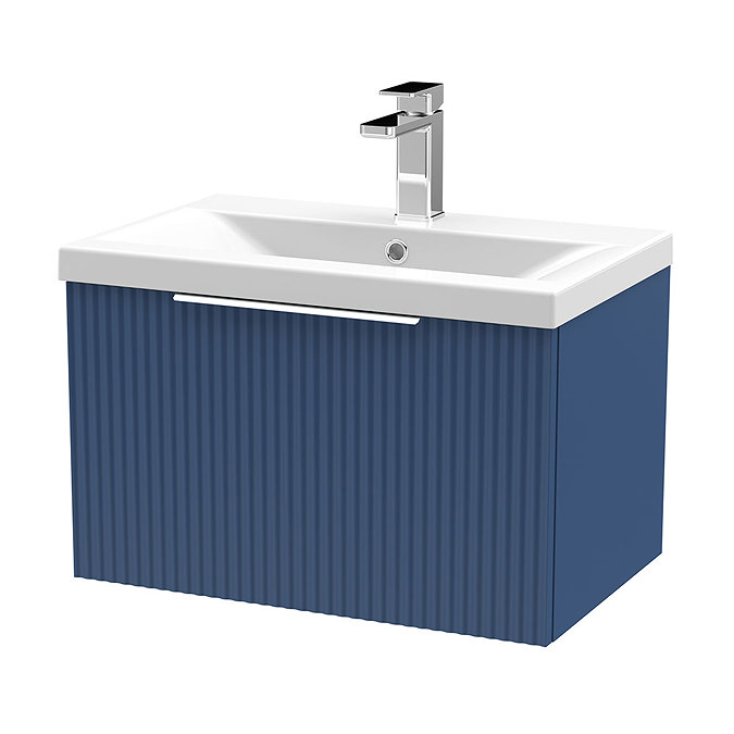 Venice Fluted 600mm Blue Vanity Unit - Wall Hung Single Drawer Unit with Chrome Handle Large Image