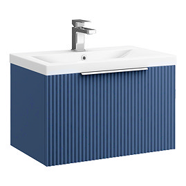 Venice Fluted 600mm Blue Vanity Unit - Wall Hung Single Drawer Unit with Chrome Handle