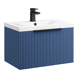 Venice Fluted 600mm Blue Vanity Unit - Wall Hung Single Drawer Unit with Matt Black Handle