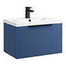 Venice Fluted 600mm Blue Vanity Unit - Wall Hung Single Drawer Unit with Matt Black Handle