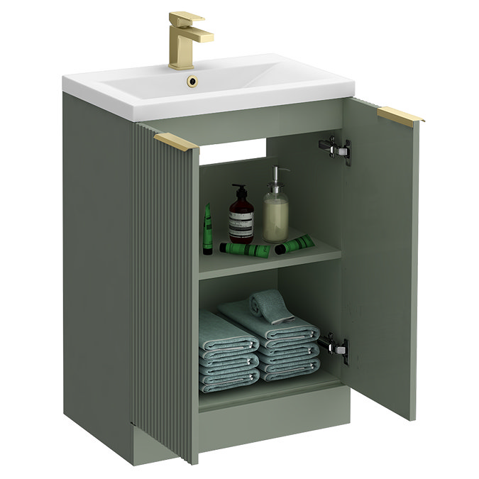 Venice Fluted 600mm Green Vanity Unit - Floor Standing 2 Door Unit with Brushed Brass Handles