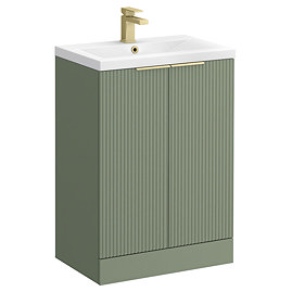 Venice Fluted 600mm Green Vanity Unit - Floor Standing 2 Door Unit with Brushed Brass Handles