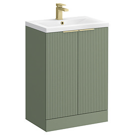 Venice Fluted 600mm Green Vanity Unit - Floor Standing 2 Door Unit with Brushed Brass Handles