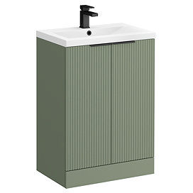 Venice Fluted 600mm Green Vanity Unit - Floor Standing 2 Door Unit with Matt Black Handles
