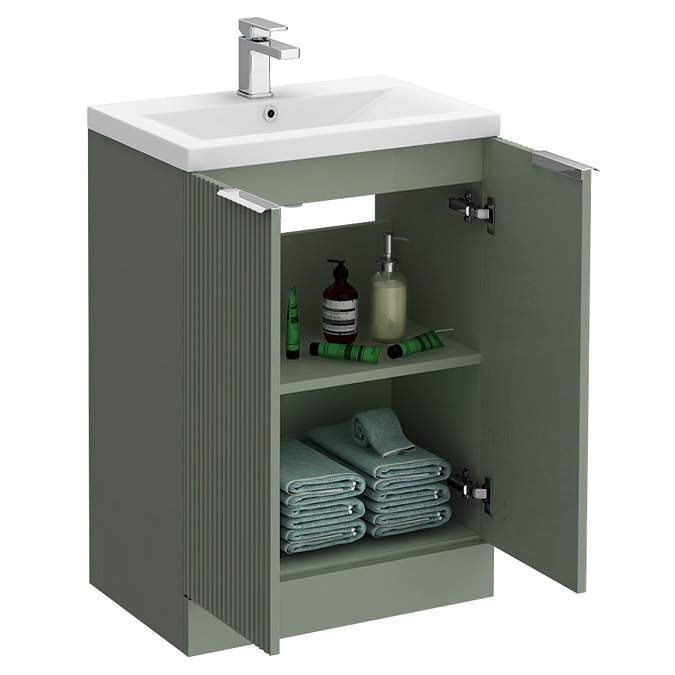 Venice Fluted 600mm Green Vanity Unit - Floor Standing 2 Door Unit with Chrome Handles
