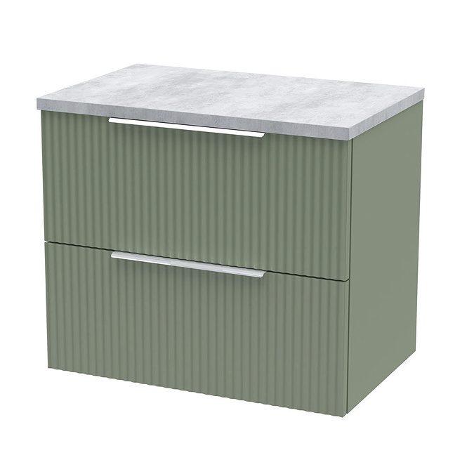 Venice Fluted 600mm Green Vanity Unit - Wall Hung 2 Drawer Unit with Bellato Grey Worktop & Chrome Handles