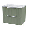 Venice Fluted 600mm Green Vanity Unit - Wall Hung 2 Drawer Unit with Bellato Grey Worktop & Chrome Handles