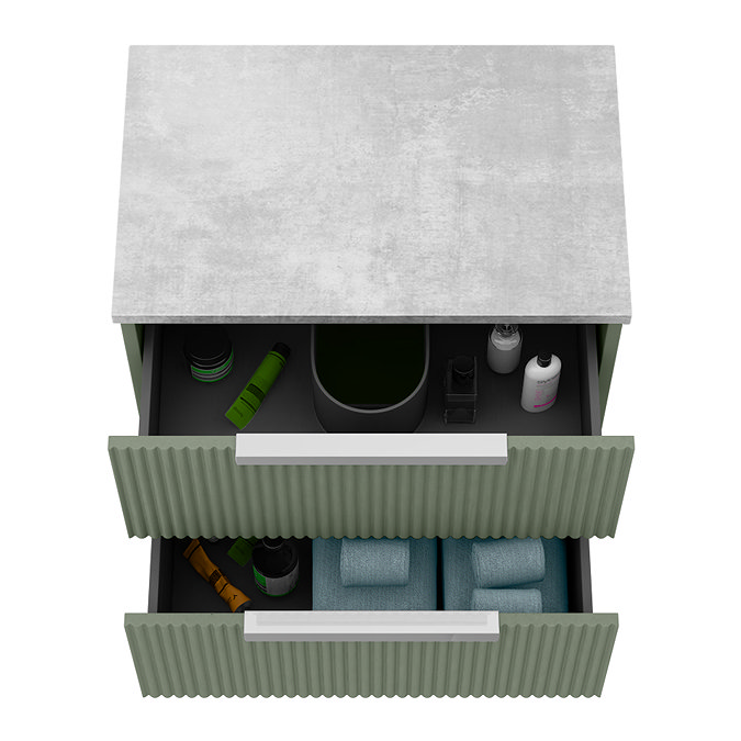 Venice Fluted 600mm Green Vanity Unit - Wall Hung 2 Drawer Unit with Bellato Grey Worktop & Chrome Handles