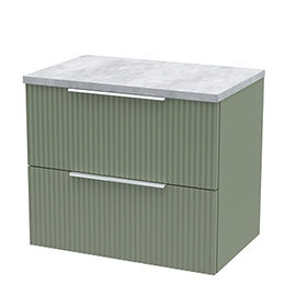 Venice Fluted 600mm Green Vanity Unit - Wall Hung 2 Drawer Unit with Bellato Grey Worktop & Chrome H